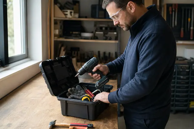 Débutant rangeant perceuse, outils manuels et sécateur dans un atelier lumineux