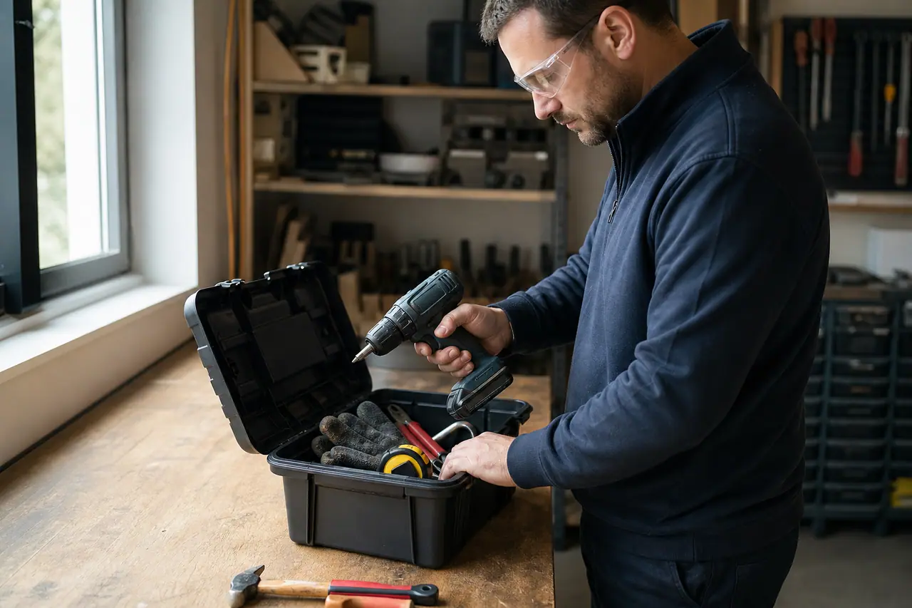 Débutant rangeant perceuse, outils manuels et sécateur dans un atelier lumineux