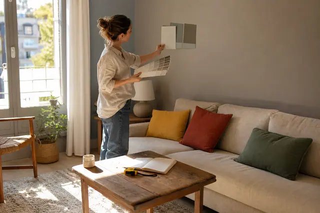 Personne comparant des échantillons de peinture dans un salon lumineux et sobre.