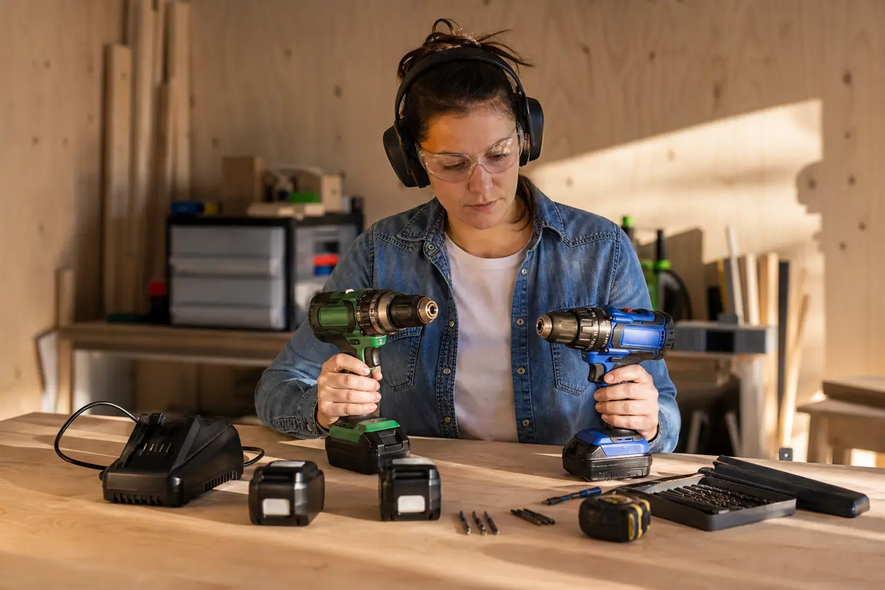 Bricoleuse comparant deux perceuses sans fil et leurs batteries sur un établi.