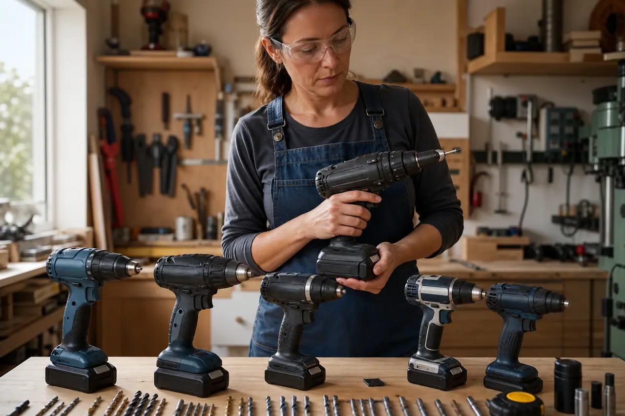 Cinq perceuses-visseuses sans fil comparées sur un établi de bricolage lumineux.