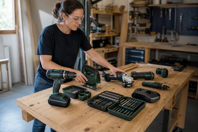 Bricoleuse organisant outils sans fil et batteries sur un établi d’atelier.