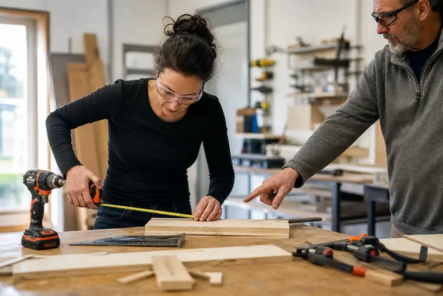 Débutante mesurant une planche dans un atelier de bricolage encadré.