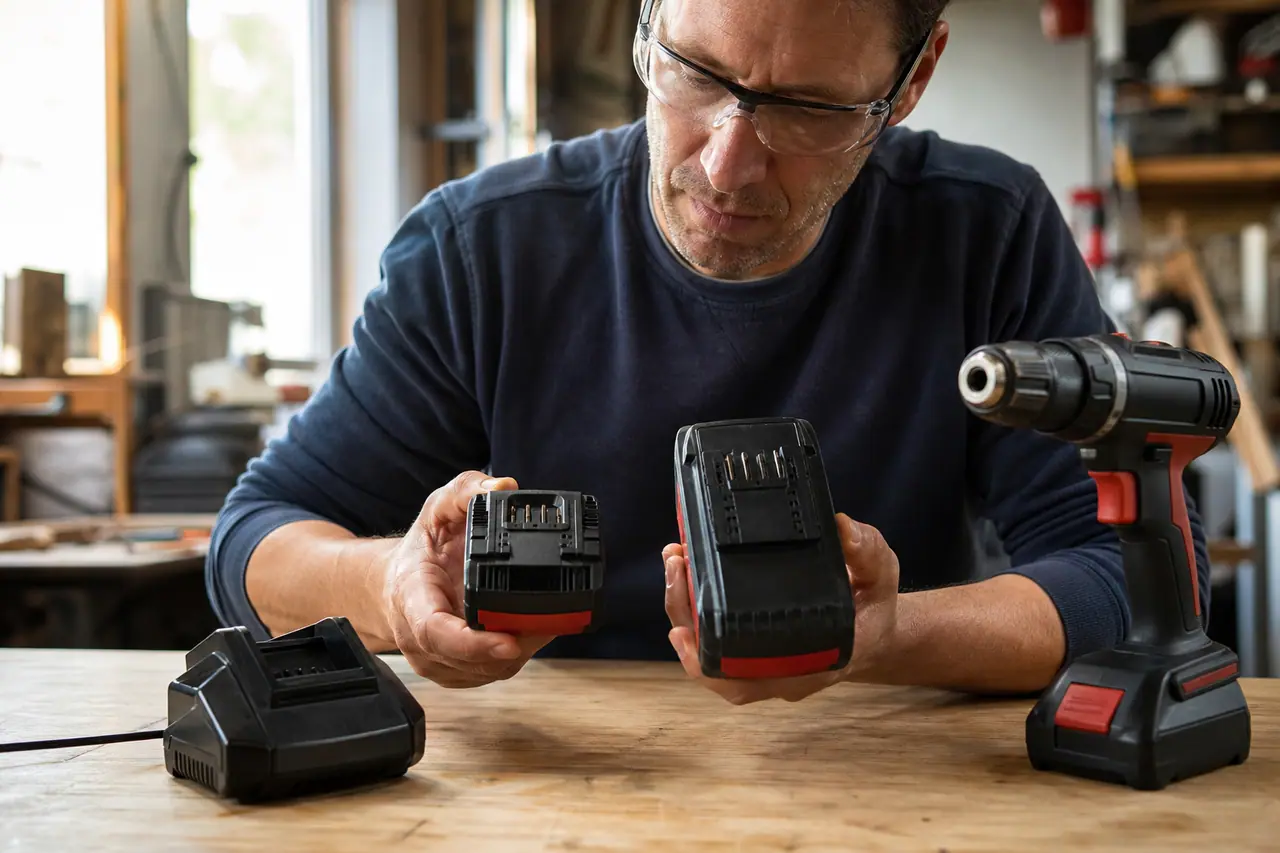 Bricoleur comparant deux batteries 18 V sur un établi d’atelier.