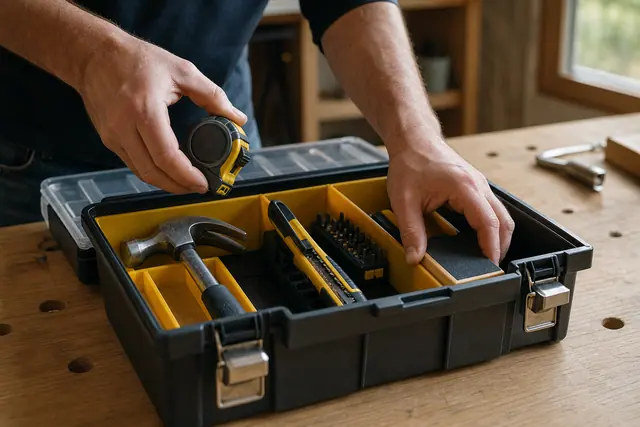 Petit kit d’outils manuels rangé sur un établi en bois clair.