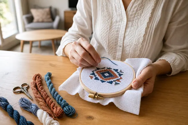 Brodeuse réalisant un motif sur toile Aïda tendue dans un tambour en bois