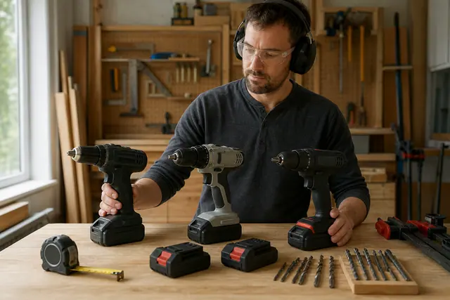 Bricoleur comparant trois perceuses sans fil et leurs batteries sur un établi.