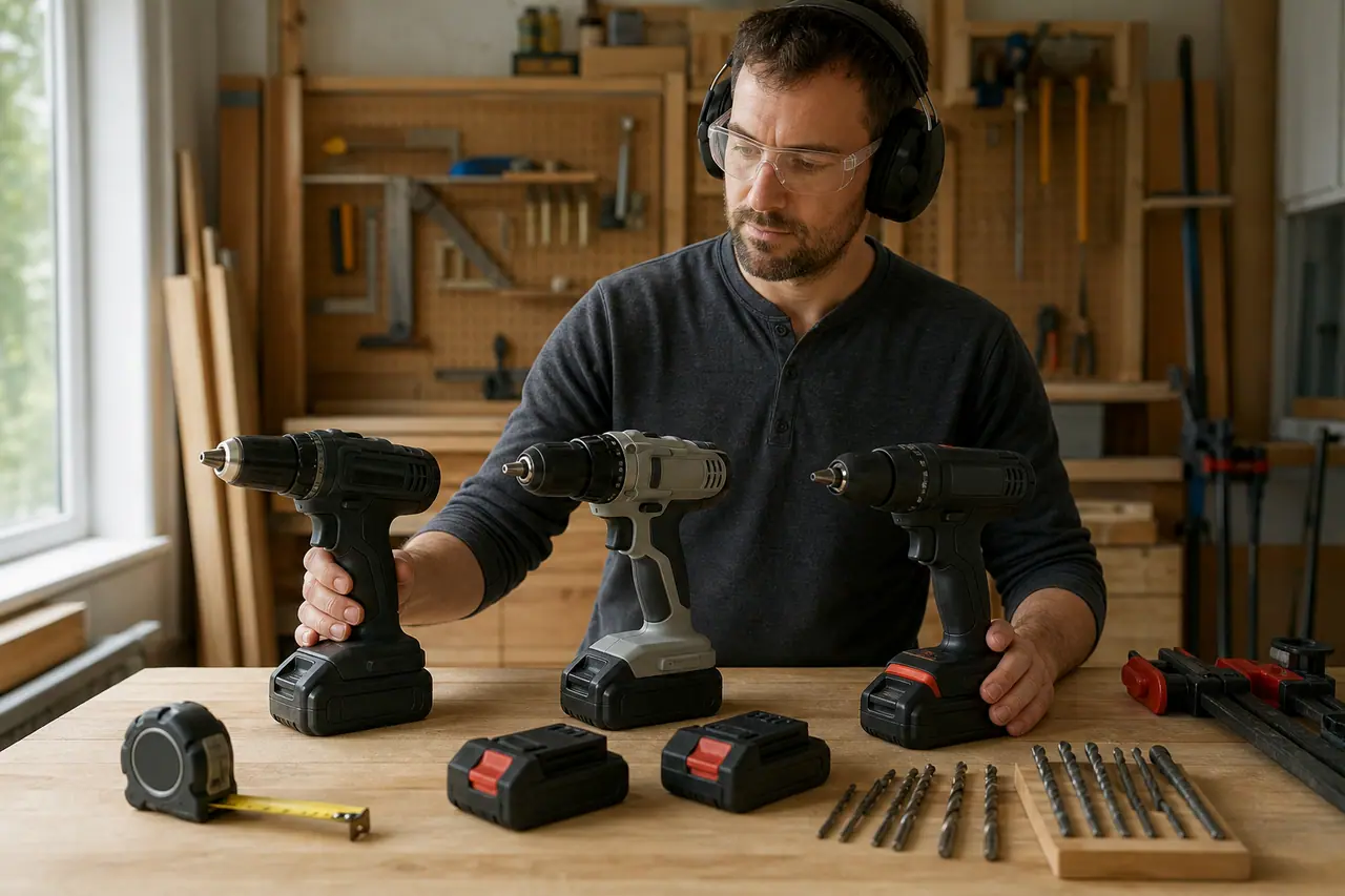 Bricoleur comparant trois perceuses sans fil et leurs batteries sur un établi.