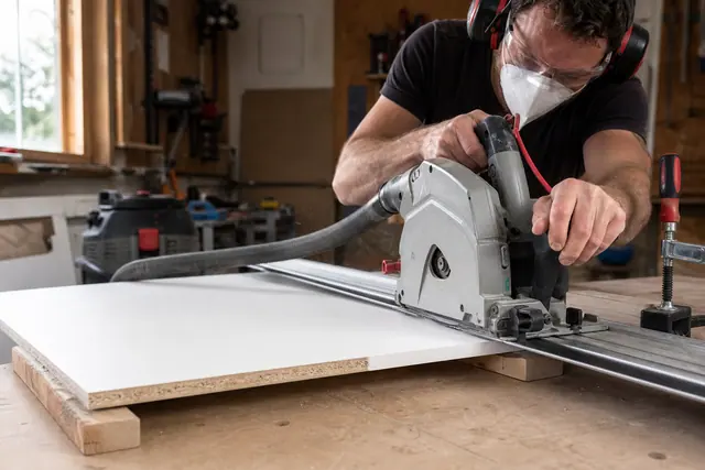 Bricoleur guidant une scie circulaire sur un panneau mélaminé bridé.