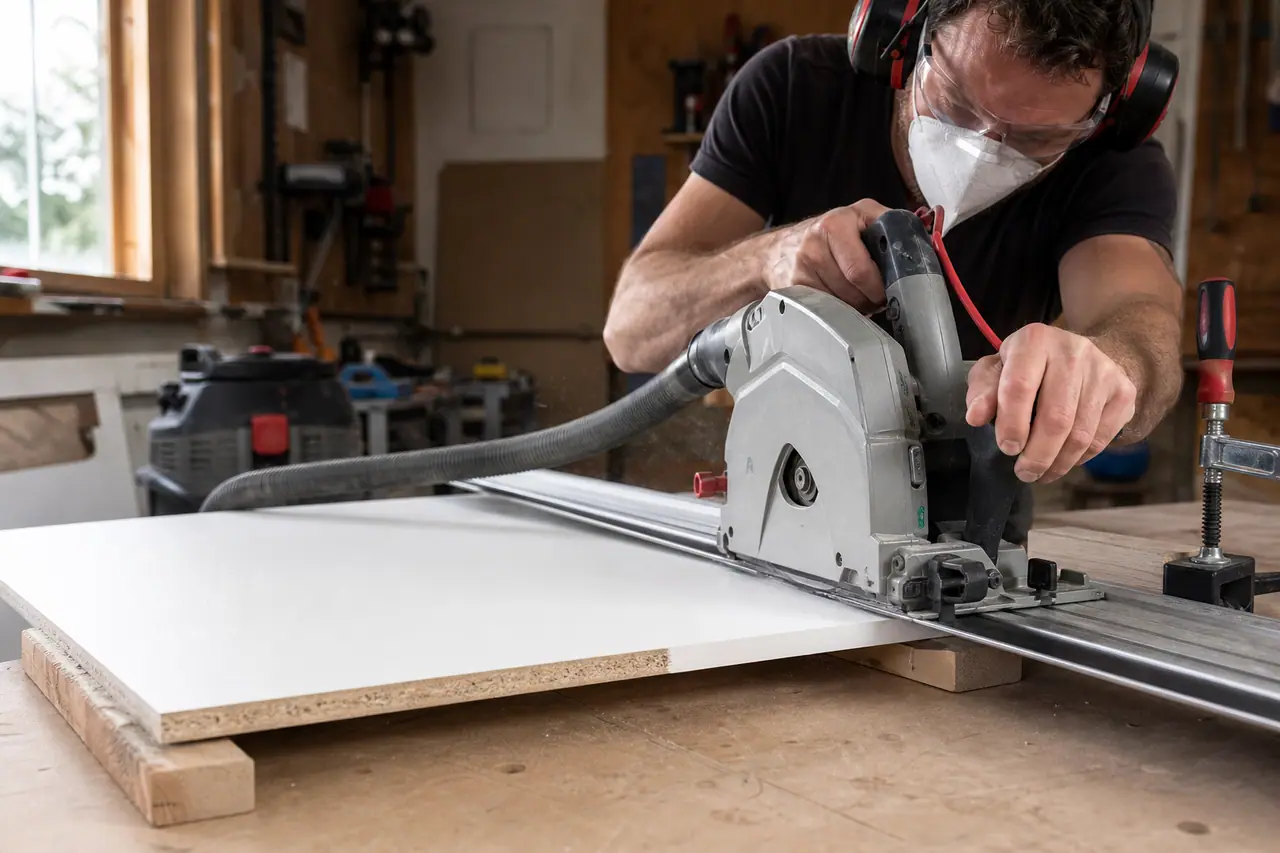 Bricoleur guidant une scie circulaire sur un panneau mélaminé bridé.