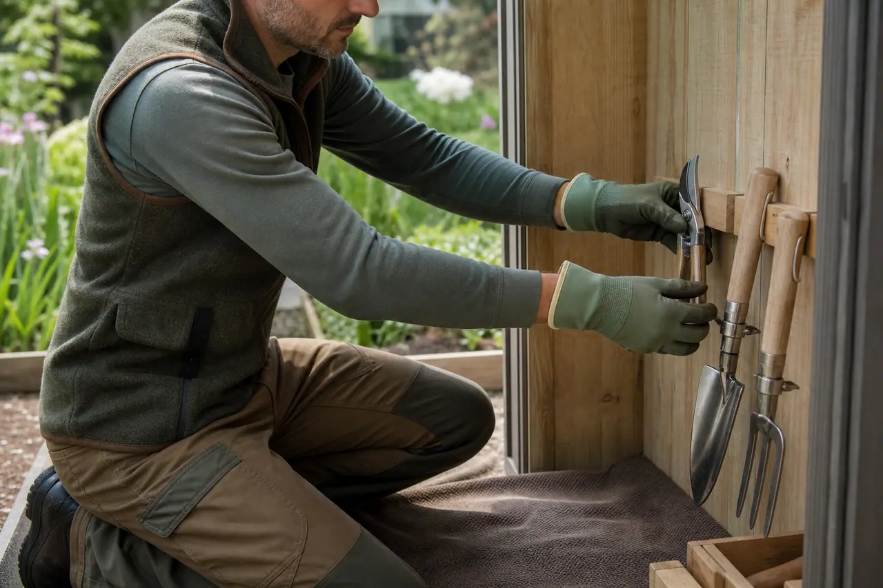 Jardinier rangeant sécateur, transplantoir et fourche propres dans un abri sec