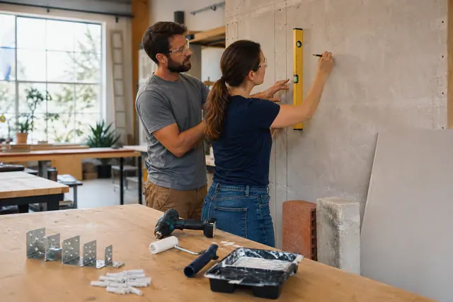 Débutante traçant une étagère murale avec niveau dans un atelier de bricolage.