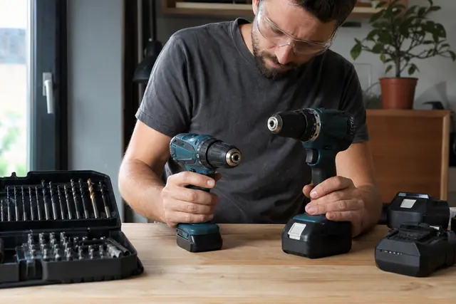 Bricoleur comparant deux perceuses-visseuses avec batteries et forets sur un établi.