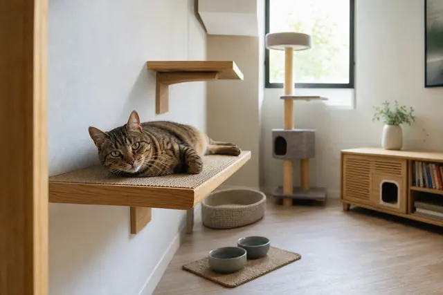 Espace chat organisé dans un salon avec étagères, couchage et gamelles discrètes.