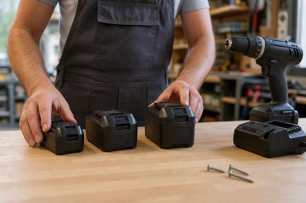 Bricoleur comparant trois batteries d’outils sans fil sur un établi en bois.