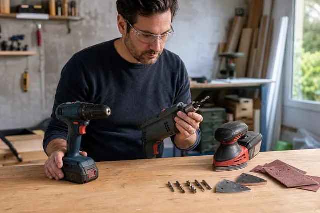 Bricoleur comparant visseuse compacte, perceuse filaire et ponceuse sur un établi