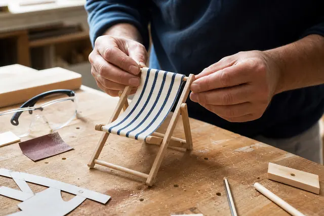 Montage d’une toile en coton sur un transat miniature en hêtre