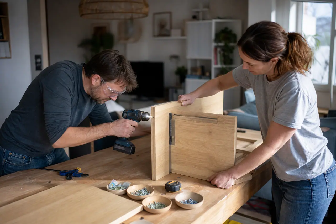 Deux adultes assemblent un caisson de rangement en bois sur un établi stable.