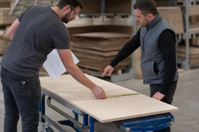 Client mesurant un panneau avec conseiller dans un magasin de bricolage savoyard