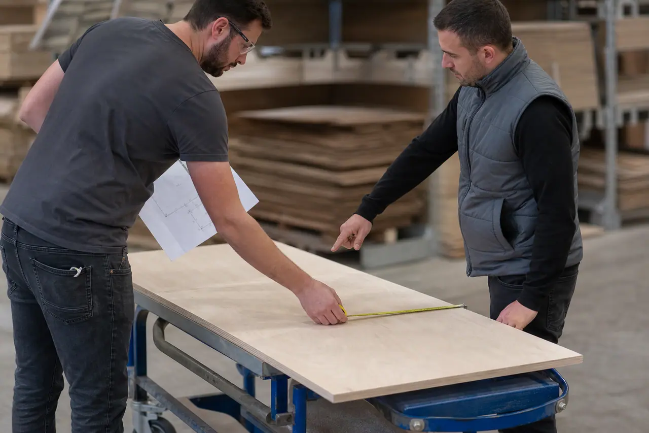 Client mesurant un panneau avec conseiller dans un magasin de bricolage savoyard
