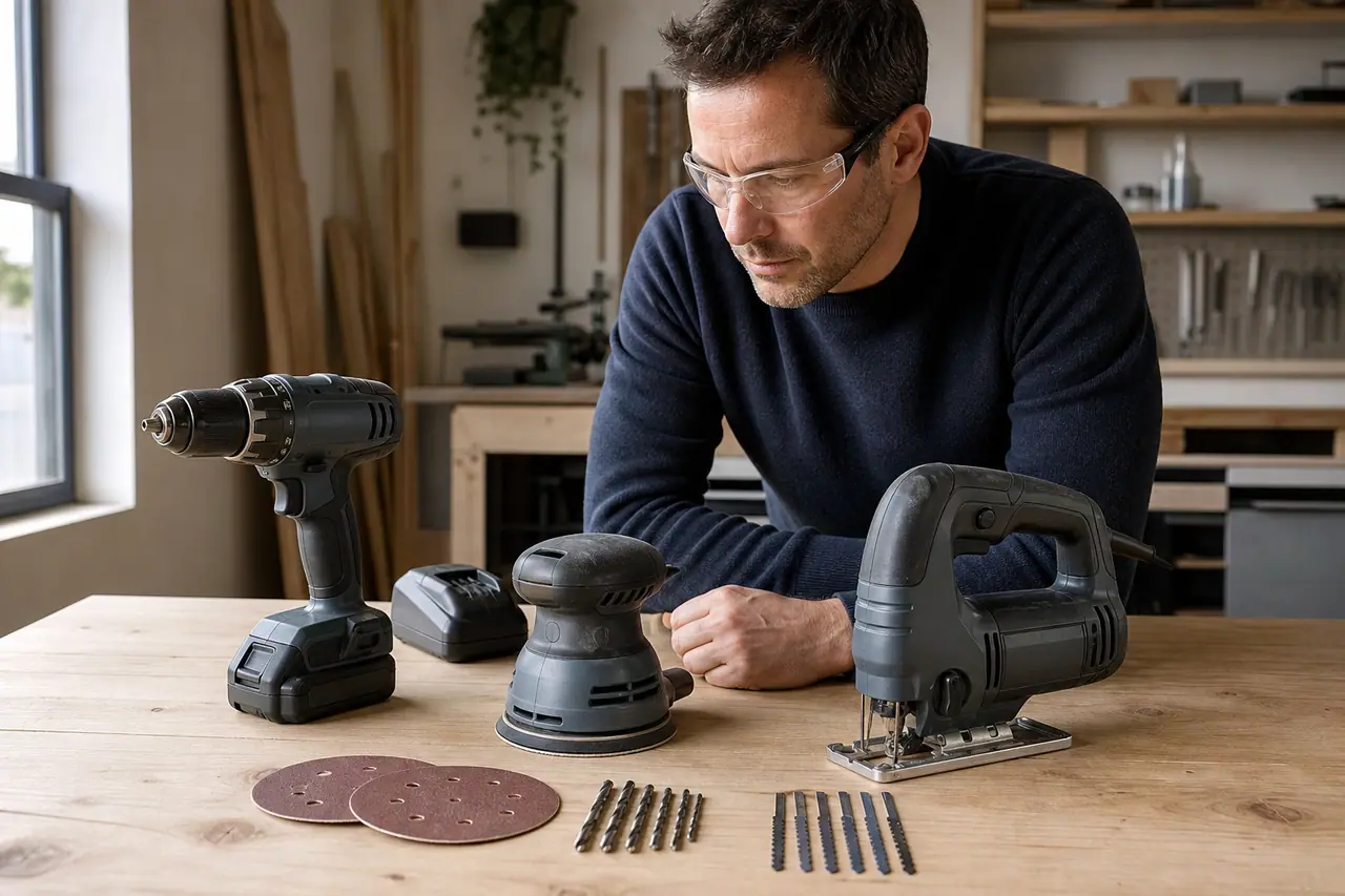 Trois outils de bricolage abordables alignés sur un établi avec accessoires.