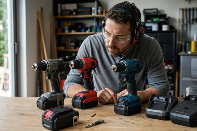 Bricoleur comparant trois perceuses sans fil et leurs batteries sur un établi.