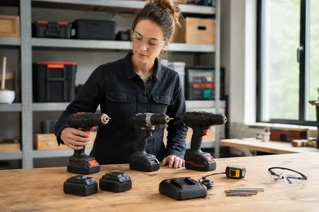 Bricoleuse comparant trois perceuses sans fil sur un établi d’atelier lumineux.