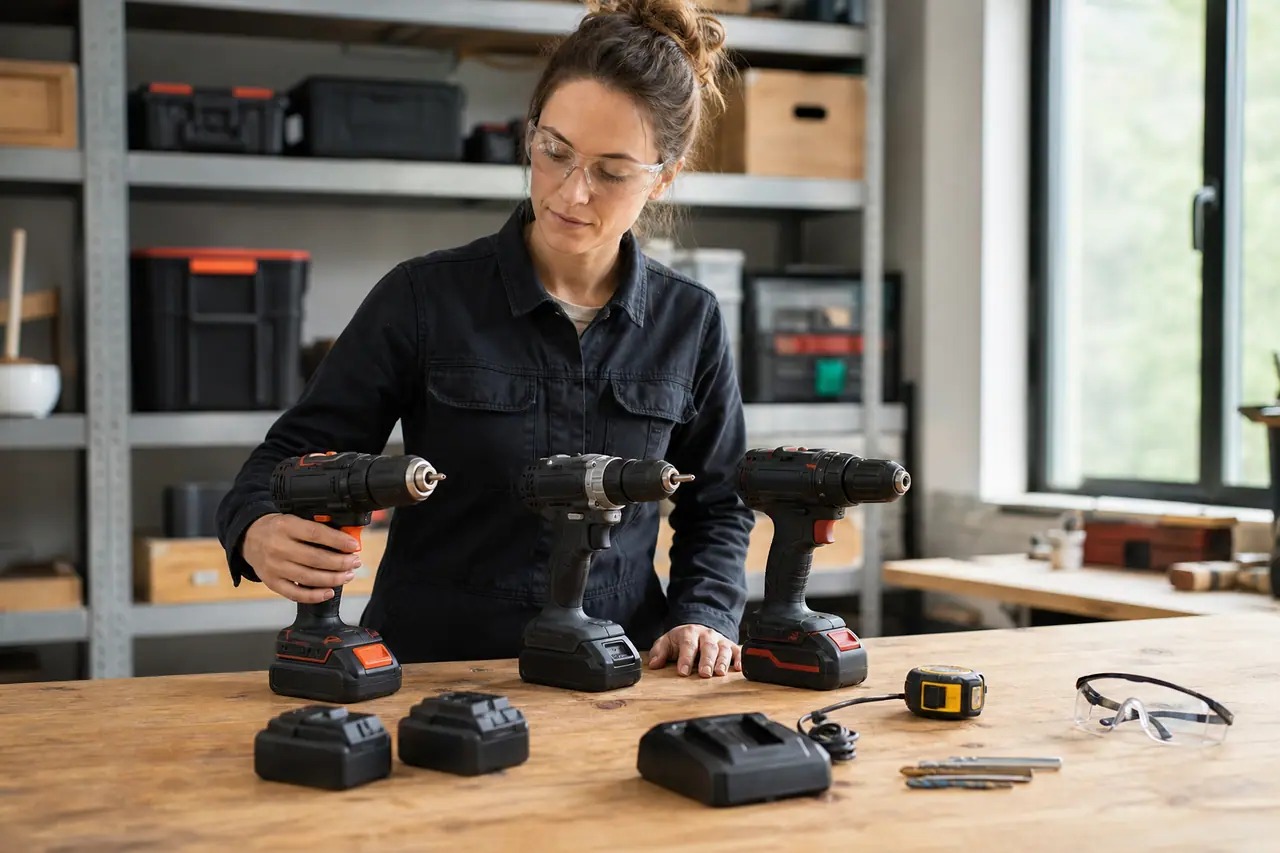 Bricoleuse comparant trois perceuses sans fil sur un établi d’atelier lumineux.