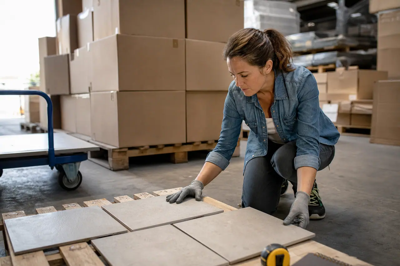 Bricoleuse contrôlant des carreaux d’un même lot avant chargement.