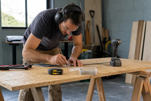 Bricoleur équipé traçant un panneau de bois avec équerre et serre-joints.