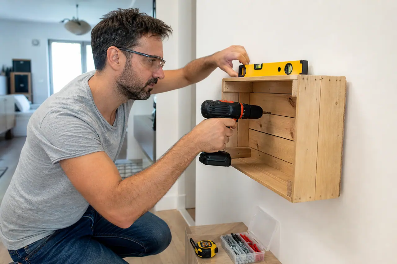 Particulier fixant une caisse de rangement en bois sur un mur intérieur.