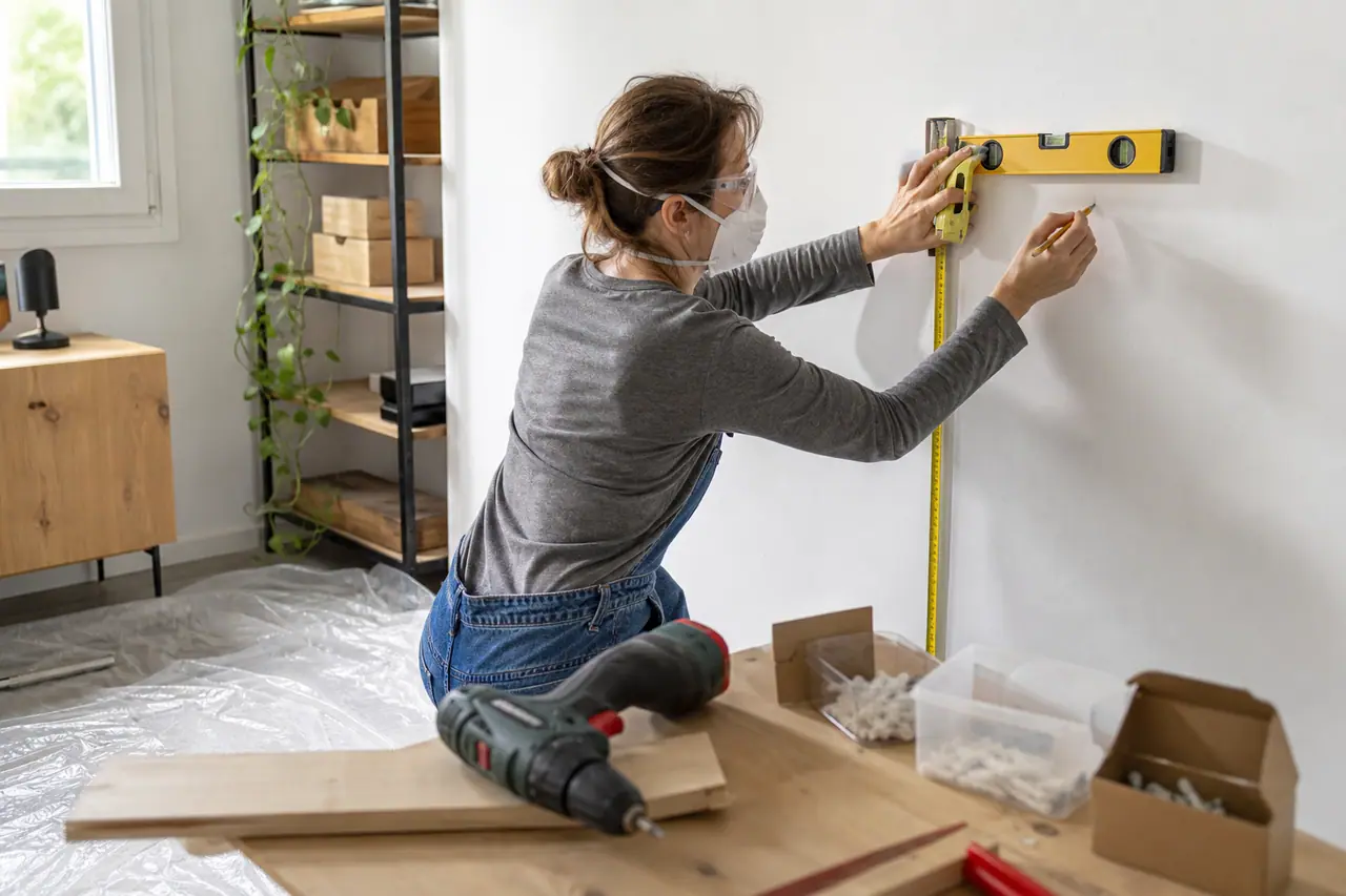 Bricoleuse traçant des repères au niveau sur un mur protégé.