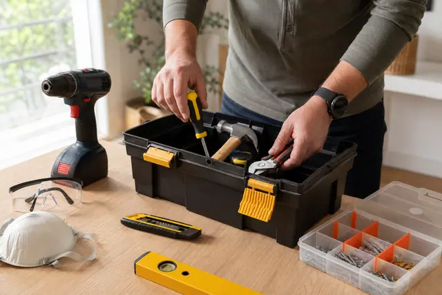Kit d’outils rangé avec vis, chevilles et protections sur un établi.