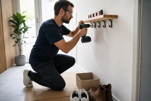 Personne fixant une tablette avec patères dans une entrée lumineuse et rangée.