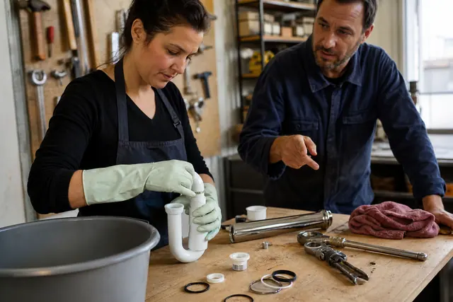 Locataire apprend à nettoyer un siphon lors d’un atelier d’entretien collectif.