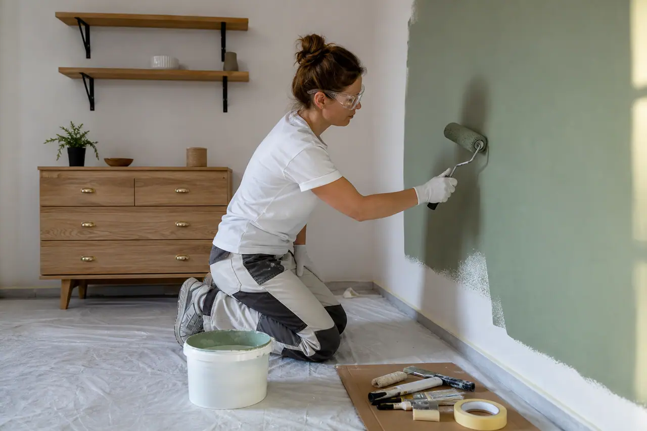 Personne peignant un mur près d’une commode rénovée et d’étagères murales.