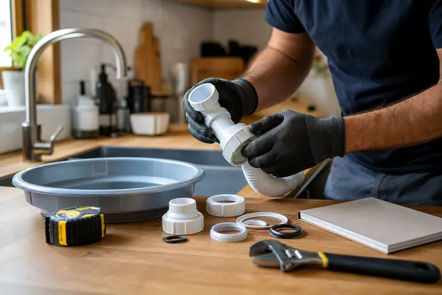 Particulier vérifiant un siphon d’évier avec outils et joints neufs.
