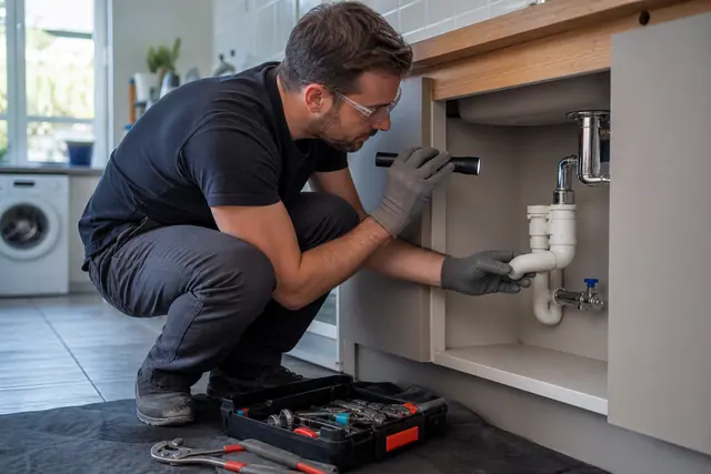 Propriétaire vérifiant un siphon sous évier avec outils et protections adaptées.