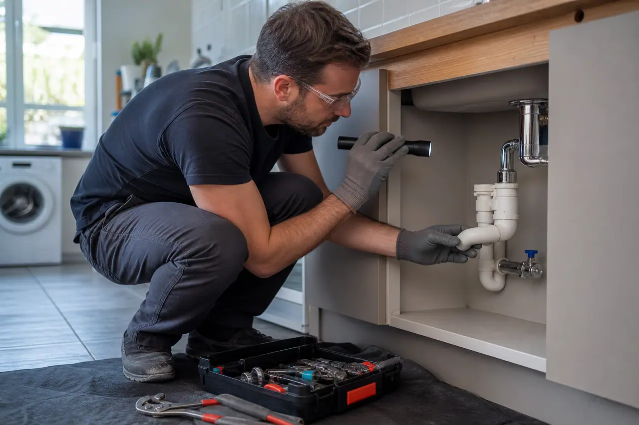 Propriétaire vérifiant un siphon sous évier avec outils et protections adaptées.