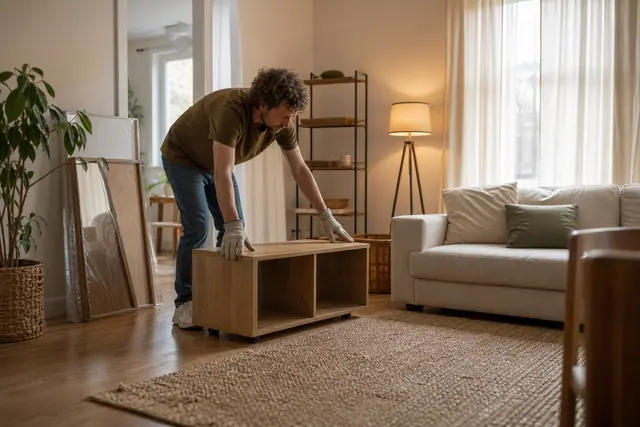 Salon réorganisé avec étagère basse, tapis, panier et éclairage d’appoint.