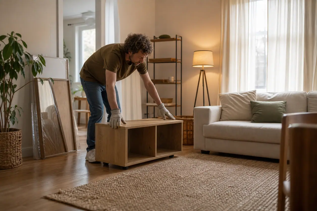 Salon réorganisé avec étagère basse, tapis, panier et éclairage d’appoint.