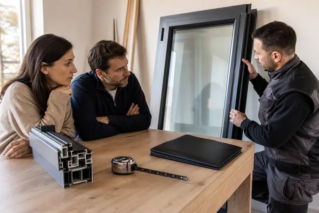 Couple vérifiant une fenêtre neuve avec un artisan avant la pose.