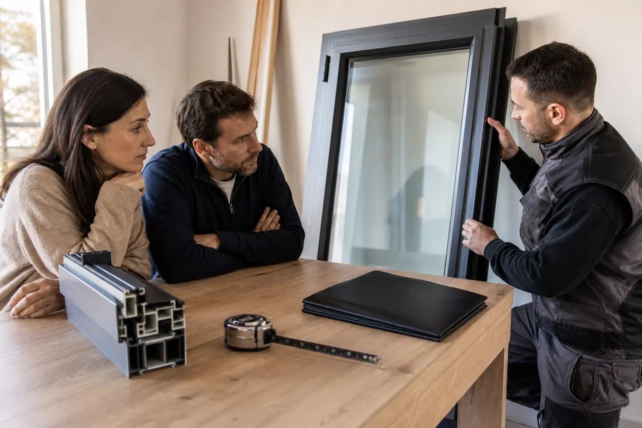 Couple vérifiant une fenêtre neuve avec un artisan avant la pose.