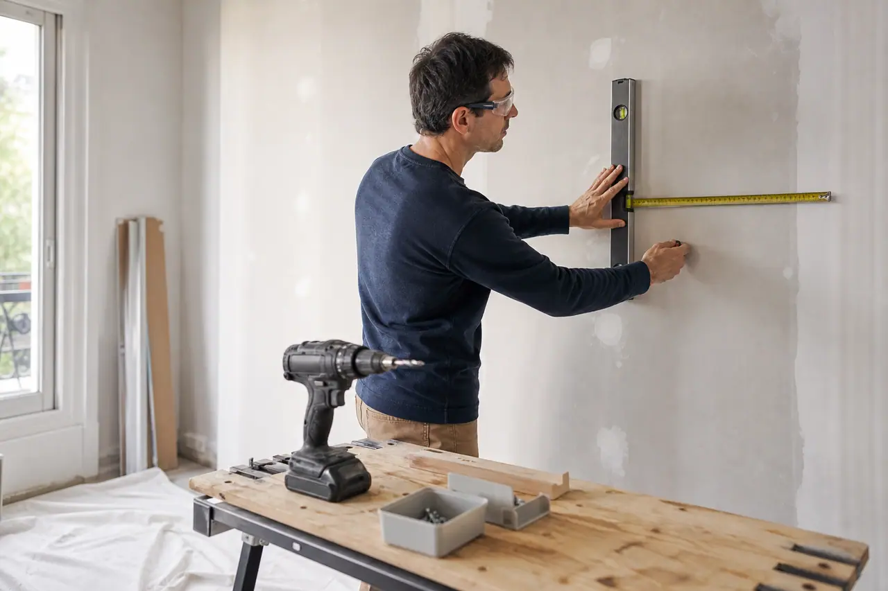 Particulier mesurant un mur avant de fixer une étagère dans son appartement.