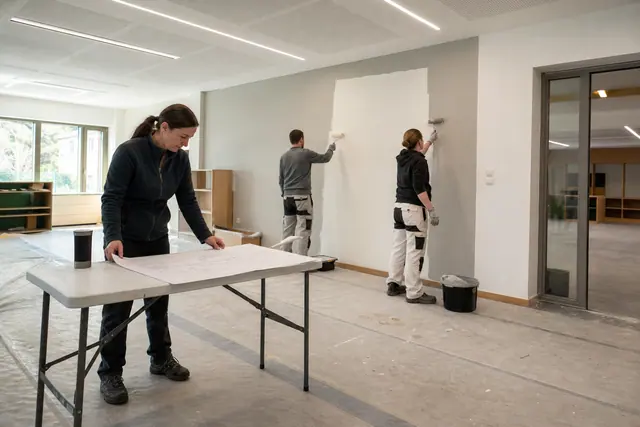 Bénévoles rénovant une salle polyvalente avec peinture, éclairage et protections de sol.
