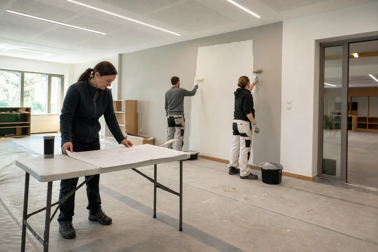 Bénévoles rénovant une salle polyvalente avec peinture, éclairage et protections de sol.