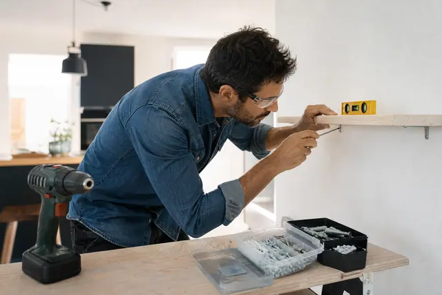 Bricoleur pose une tablette murale avec niveau dans un appartement lumineux.