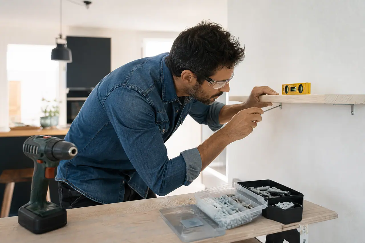 Bricoleur pose une tablette murale avec niveau dans un appartement lumineux.