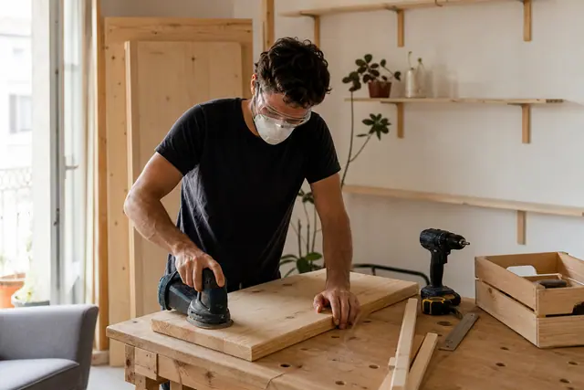 Bricoleur ponçant une tablette en bois pour fabriquer un rangement mural.
