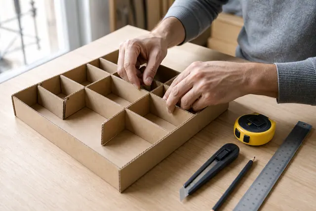 Organiseur de tiroir en carton ajusté avec règle et outils simples